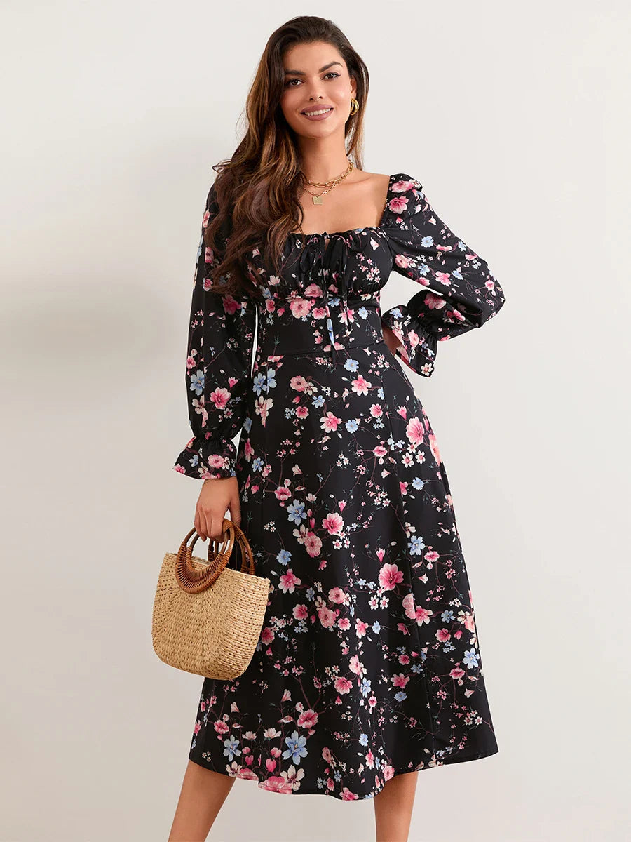 Elegant Floral Midi Puff Sleeve Square Neck Floral Dress