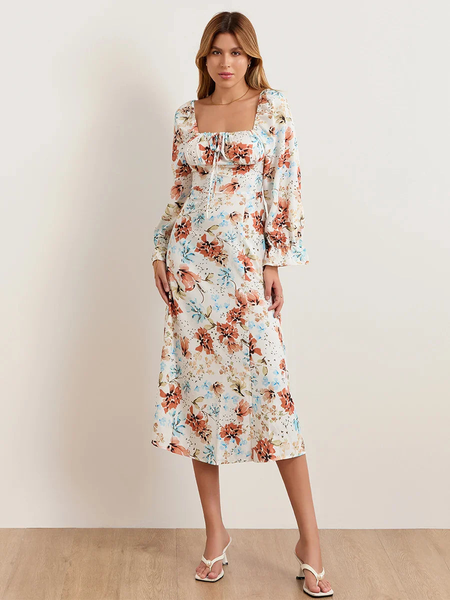 Elegant Floral Midi Puff Sleeve Square Neck Floral Dress