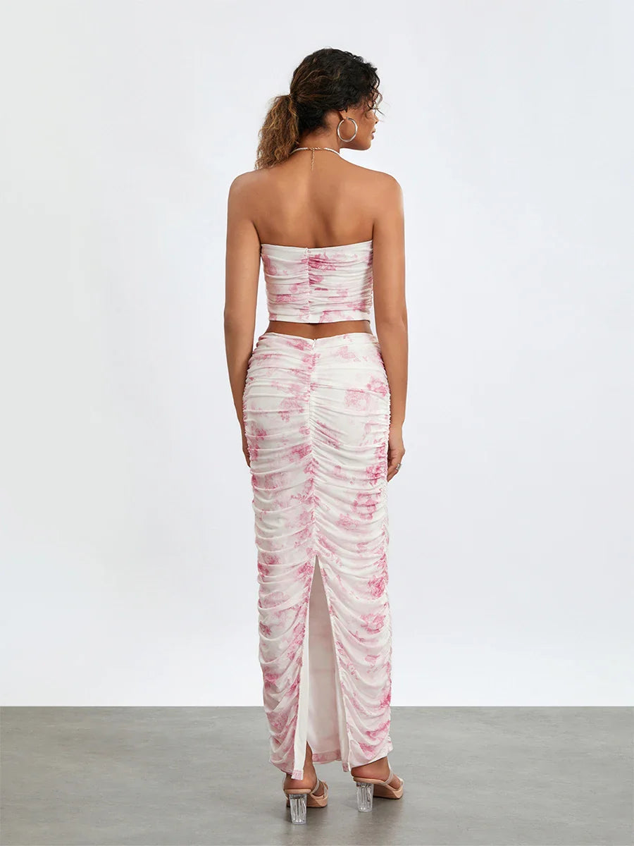 Chic Off-Shoulder Tube Top Wrap Long Floral Skirt Set