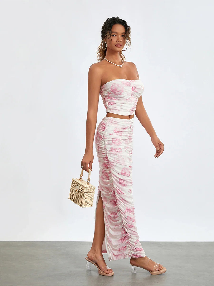 Chic Off-Shoulder Tube Top Wrap Long Floral Skirt Set