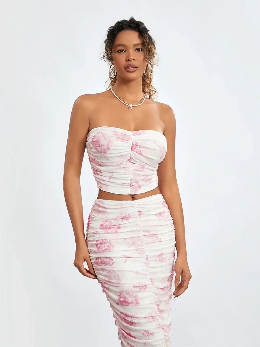 Chic Off-Shoulder Tube Top Wrap Long Floral Skirt Set