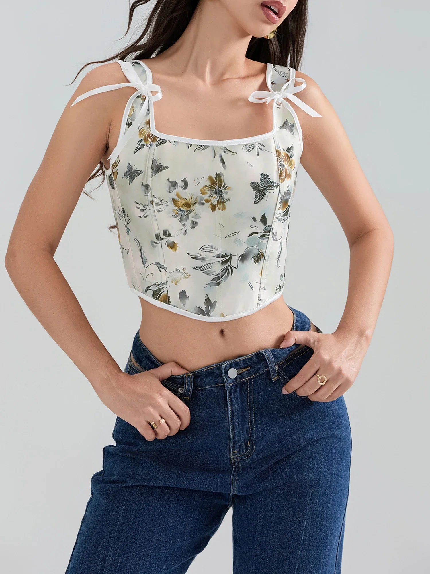 Floral Tie-back Vintage Corset Square Neck Crop Top