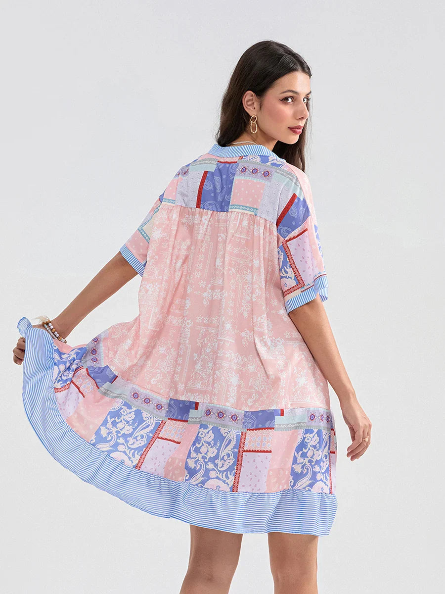 Floral Print Patchwork Flowy V-neck Loose A-Line Mini Floral Dress