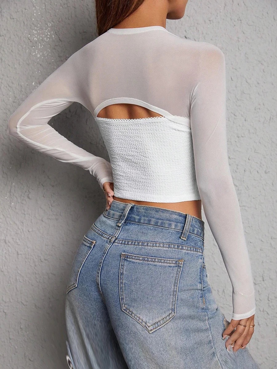 Strapless Low-cut Mesh Cutout Long Sleeve Crop Top
