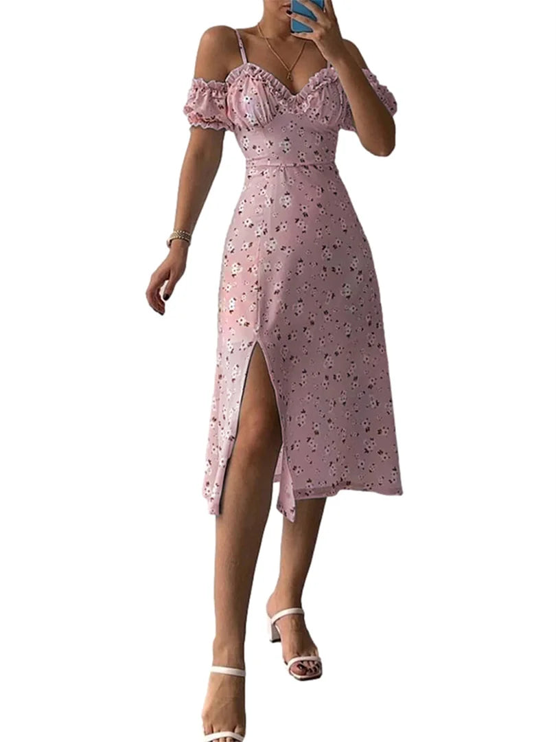 Off-Shoulder Frilly Suspender Short Sleeve Split Mid-Length A-Line Floral Dress