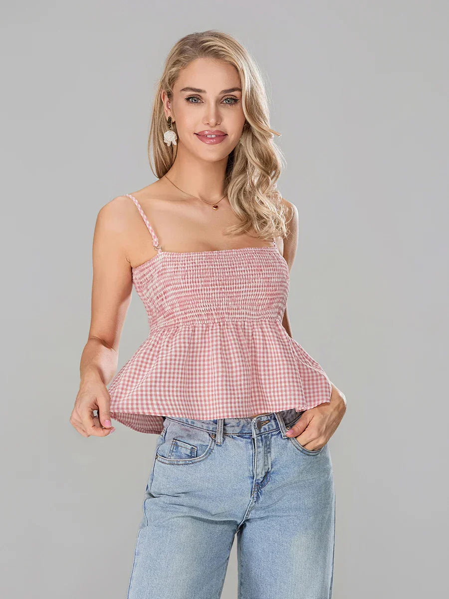 Plaid Smocked Backless Spaghetti Strap Frill Hem Crop Top