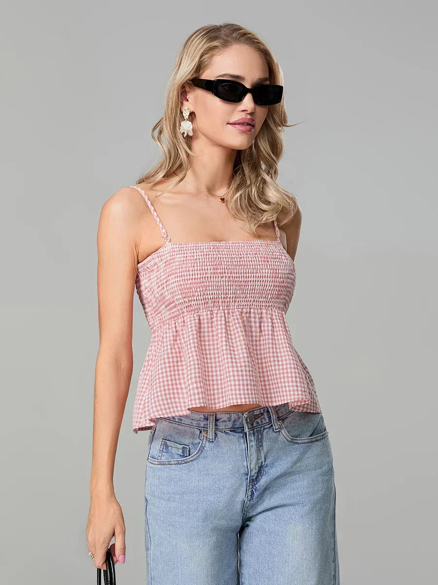 Plaid Smocked Backless Spaghetti Strap Frill Hem Crop Top
