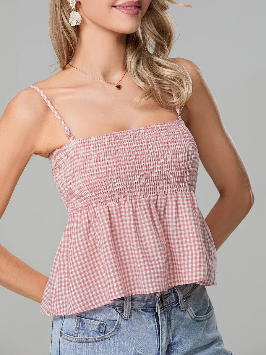 Plaid Smocked Backless Spaghetti Strap Frill Hem Crop Top