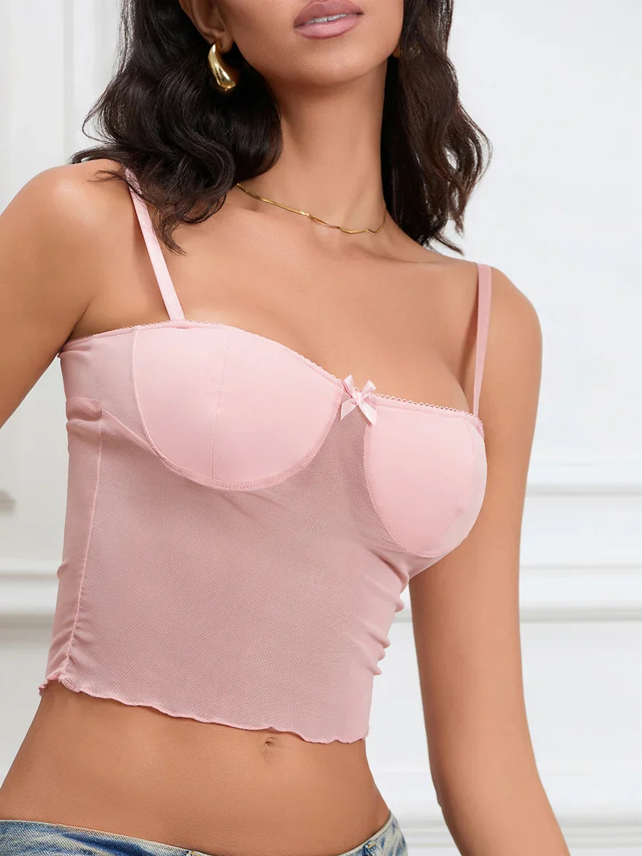 Sheer Camis Sweetheart Bow Spaghetti Strap Crop Top
