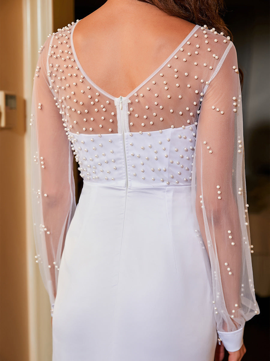 Pearl Beaded Mesh Long-Sleeve Wrap Slit Midi Dress 4