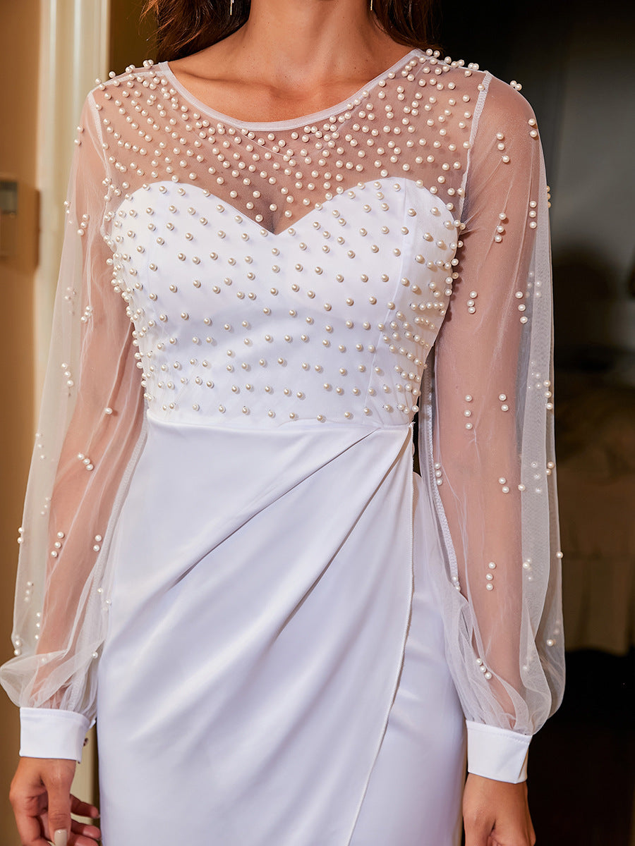 Pearl Beaded Mesh Long-Sleeve Wrap Slit Midi Dress 5