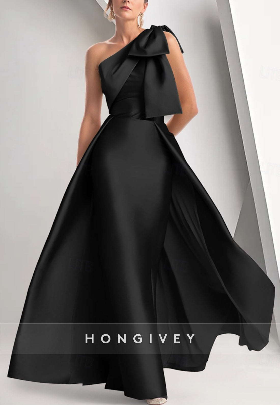 Sheath Floor-Length One Shoulder Mother of Bride Satin Sleeveless Pleated Bowknot Evening Gown