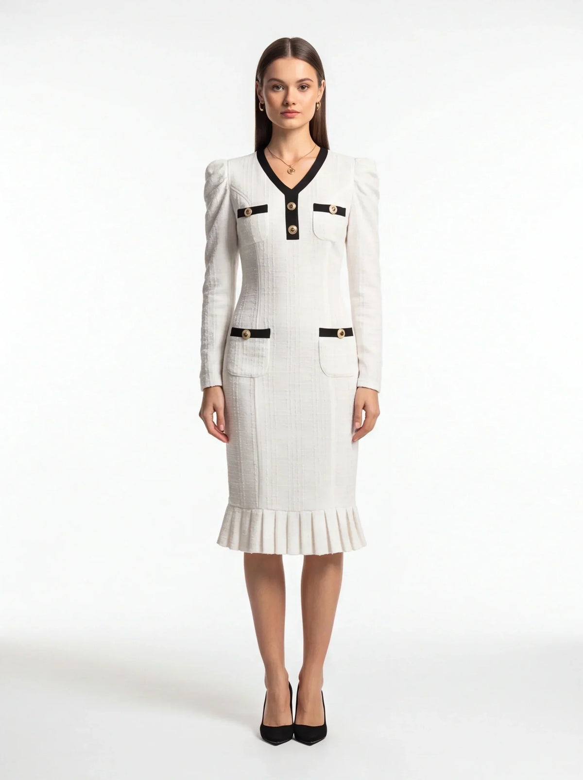 Tweed V-Neck Long Sleeve Button Front Ruffle Hem Midi Dress - View 2