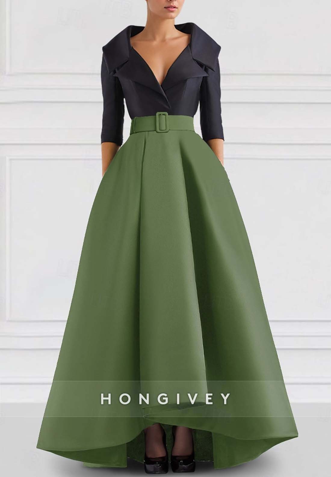 A-line Asymmetrical Evening Gown V Neck Half Sleeve Pockets Pleated Waistband Mother of the Bride