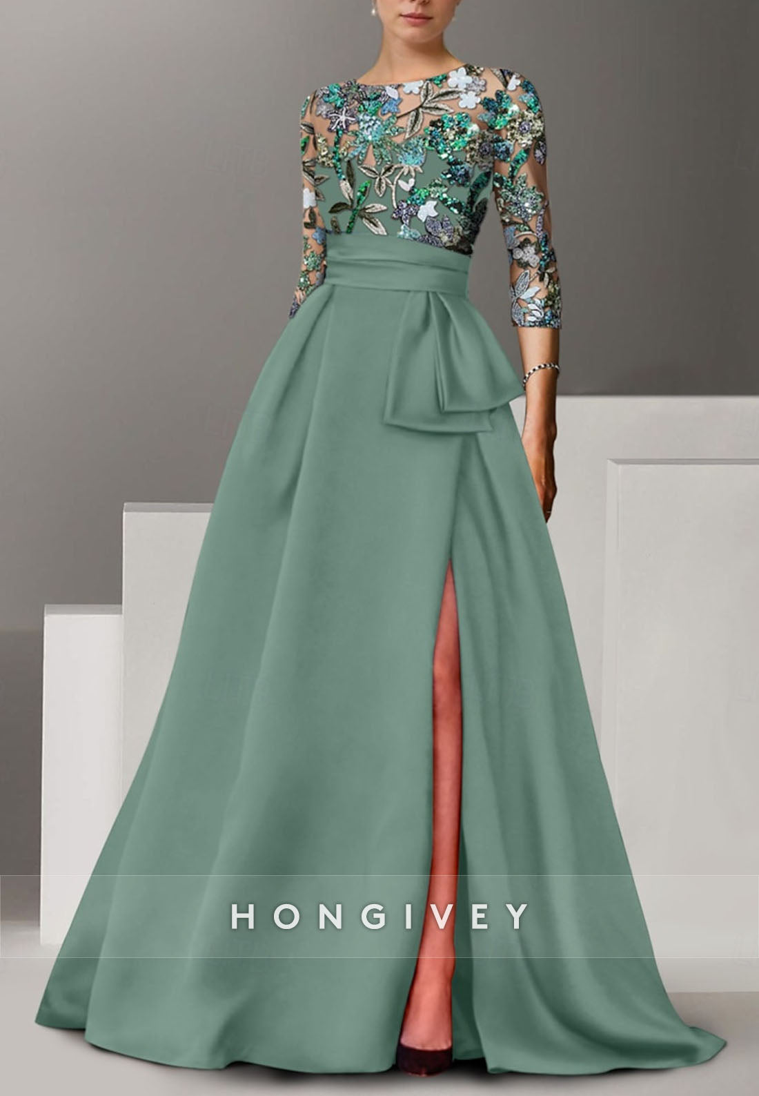 A-line Floor-Length High Slit Illusion Neck Evening Gown Beading 3/4 Sleeve Pleated Formal Dresses