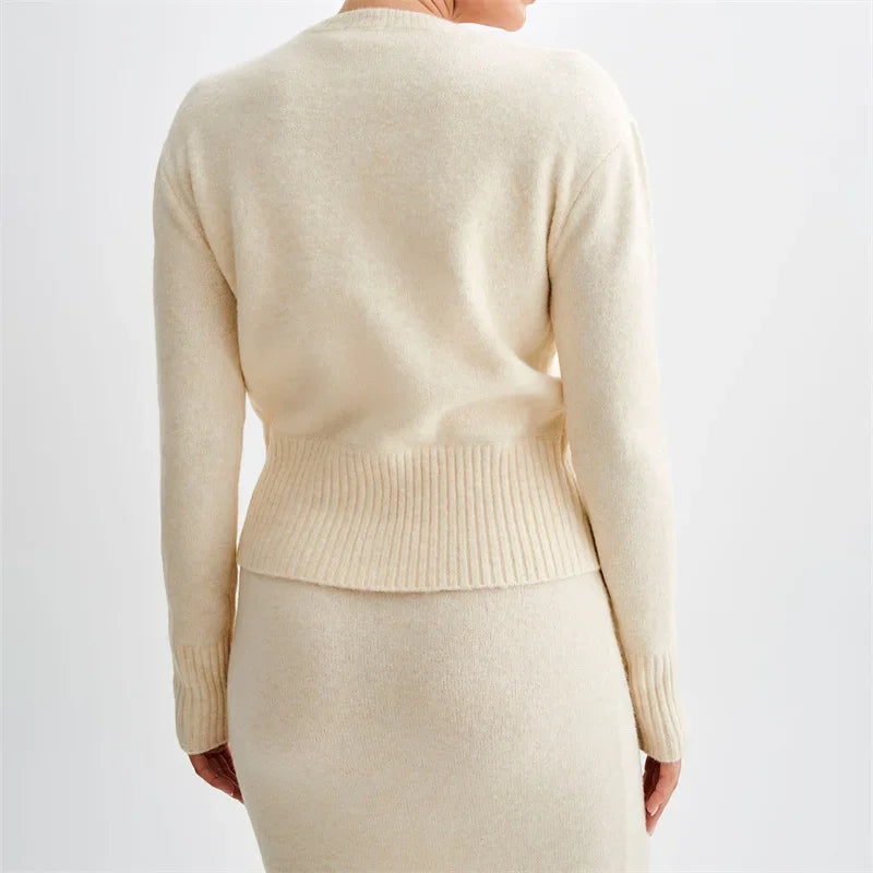 Solid Round Neck Single Breasted Y2K Style Knit Cardigan