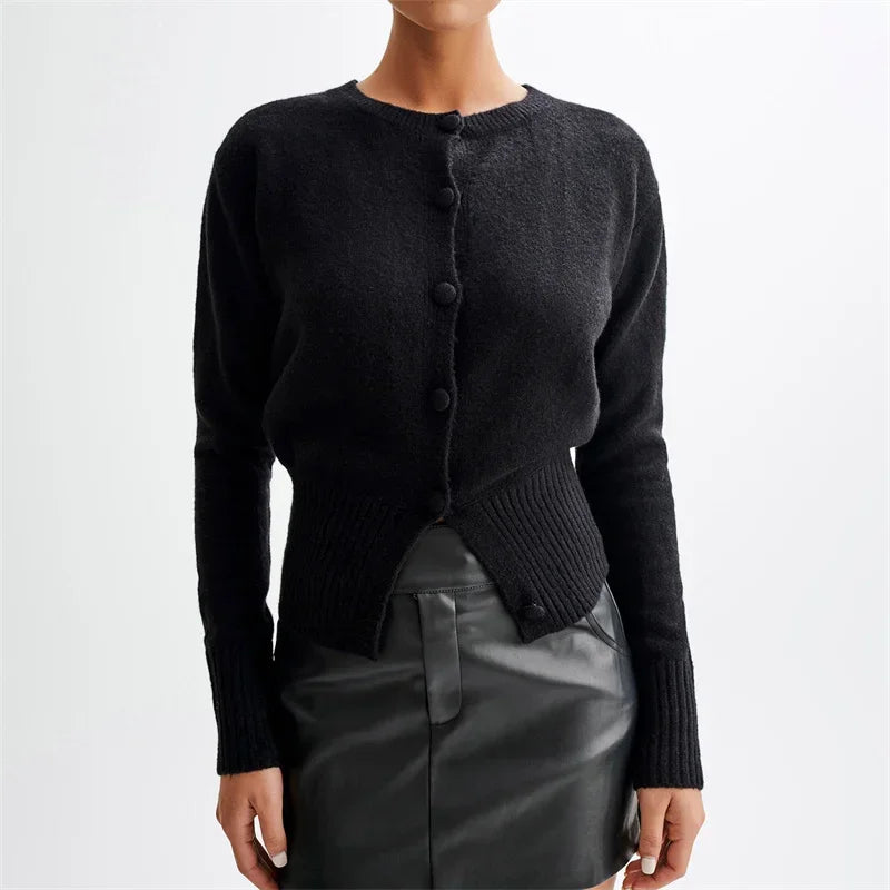 Solid Round Neck Single Breasted Y2K Style Knit Cardigan