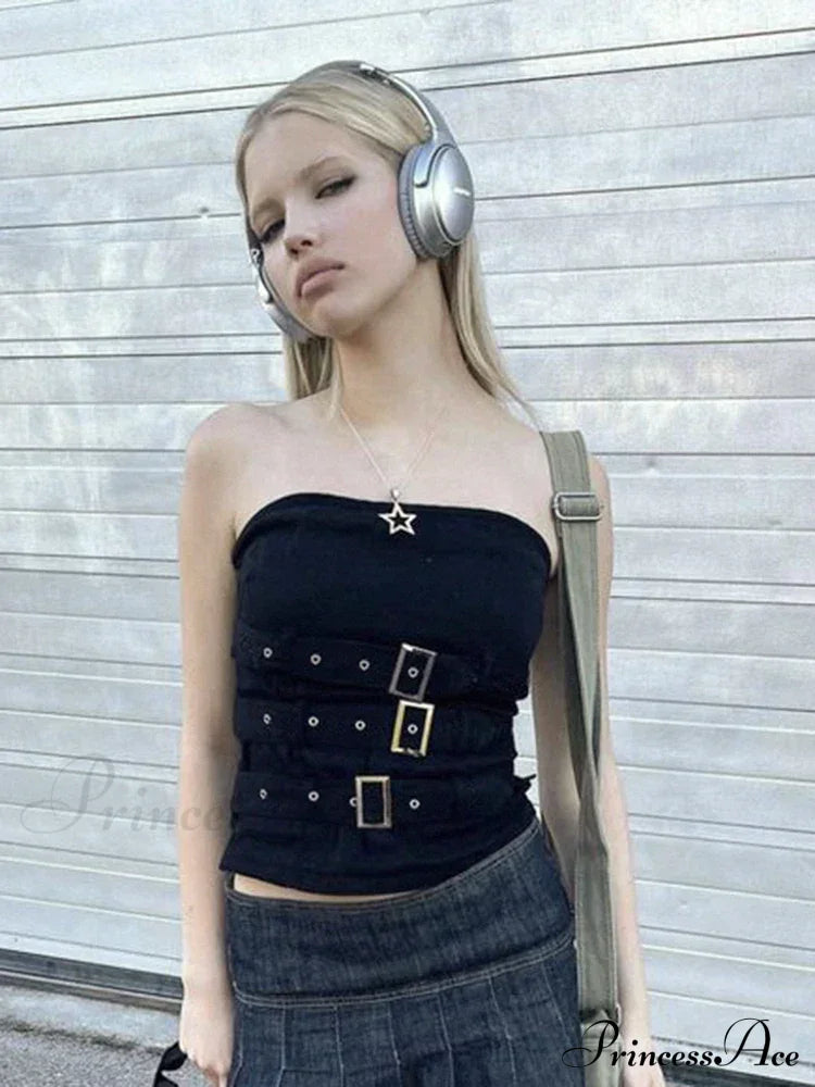 Y2K Bandage Buckle Corset Black Punk Grunge Gothic Retro Streetwear Crop Top