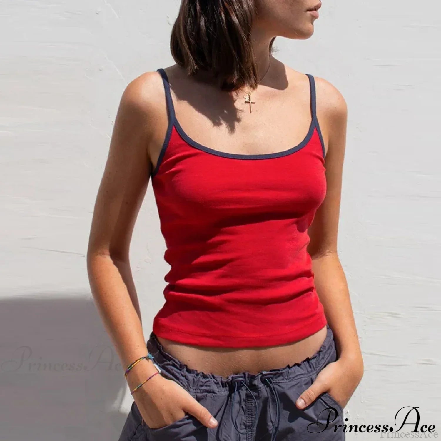 Y2K Cute Contrast Trim Spaghetti Strap Vintage Aesthetic Cottage Crop Top RED / S croptop-250126