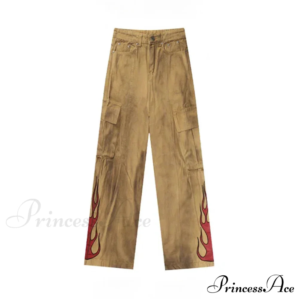 Y2K Flame High Waist Halloween Pants Khaki / S