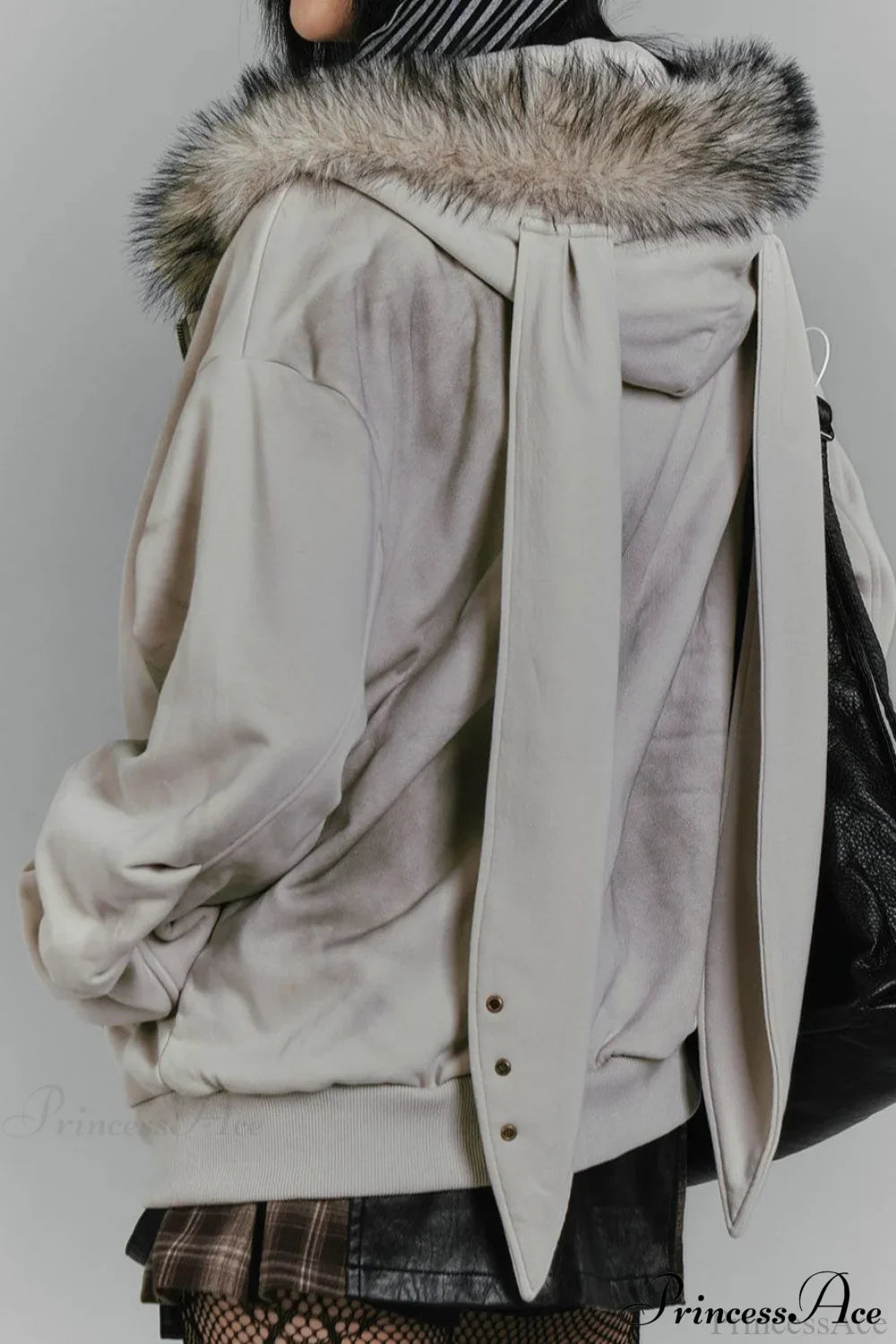 Y2K Fleece Collar Bunny Ear Print Hoodie