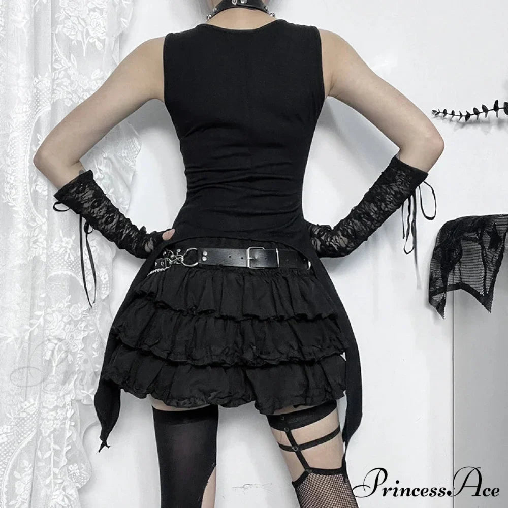 Y2K Black Gothic Eyelet Slim Irregular Sleeveless Crop Top