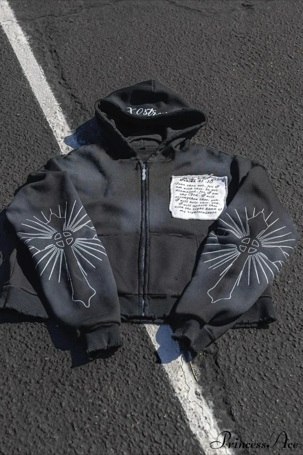 Y2K Long Sleeve Street Applique Embroidered Hoodie Black / S