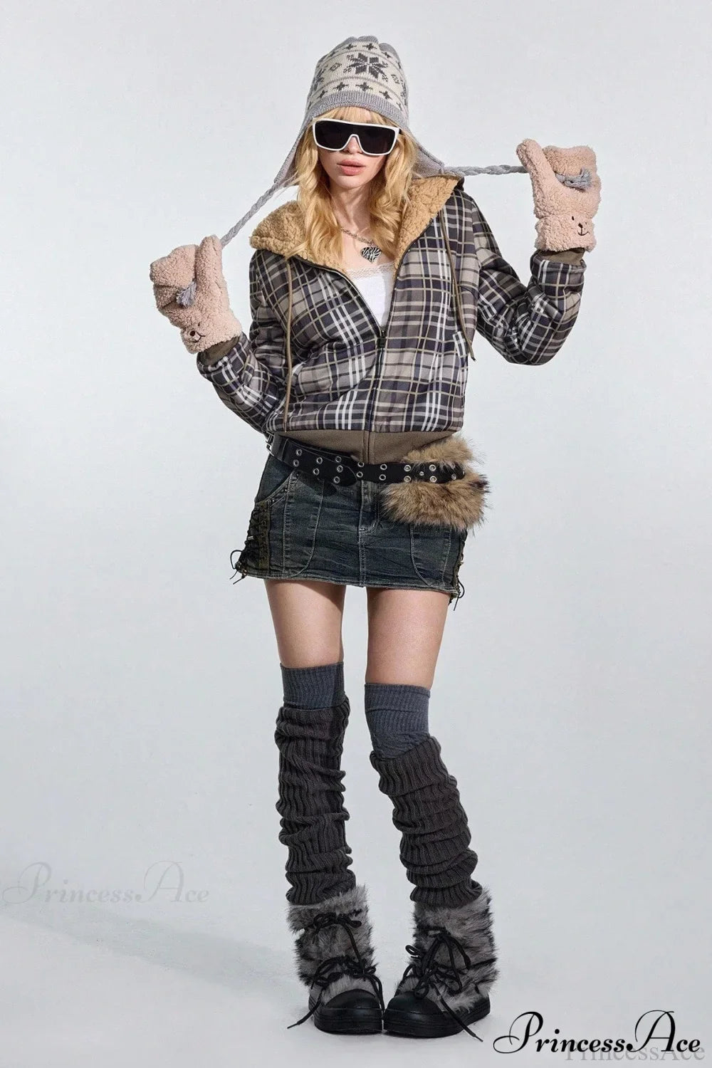 Y2K Plaid Sherpa Fleece Hoodie