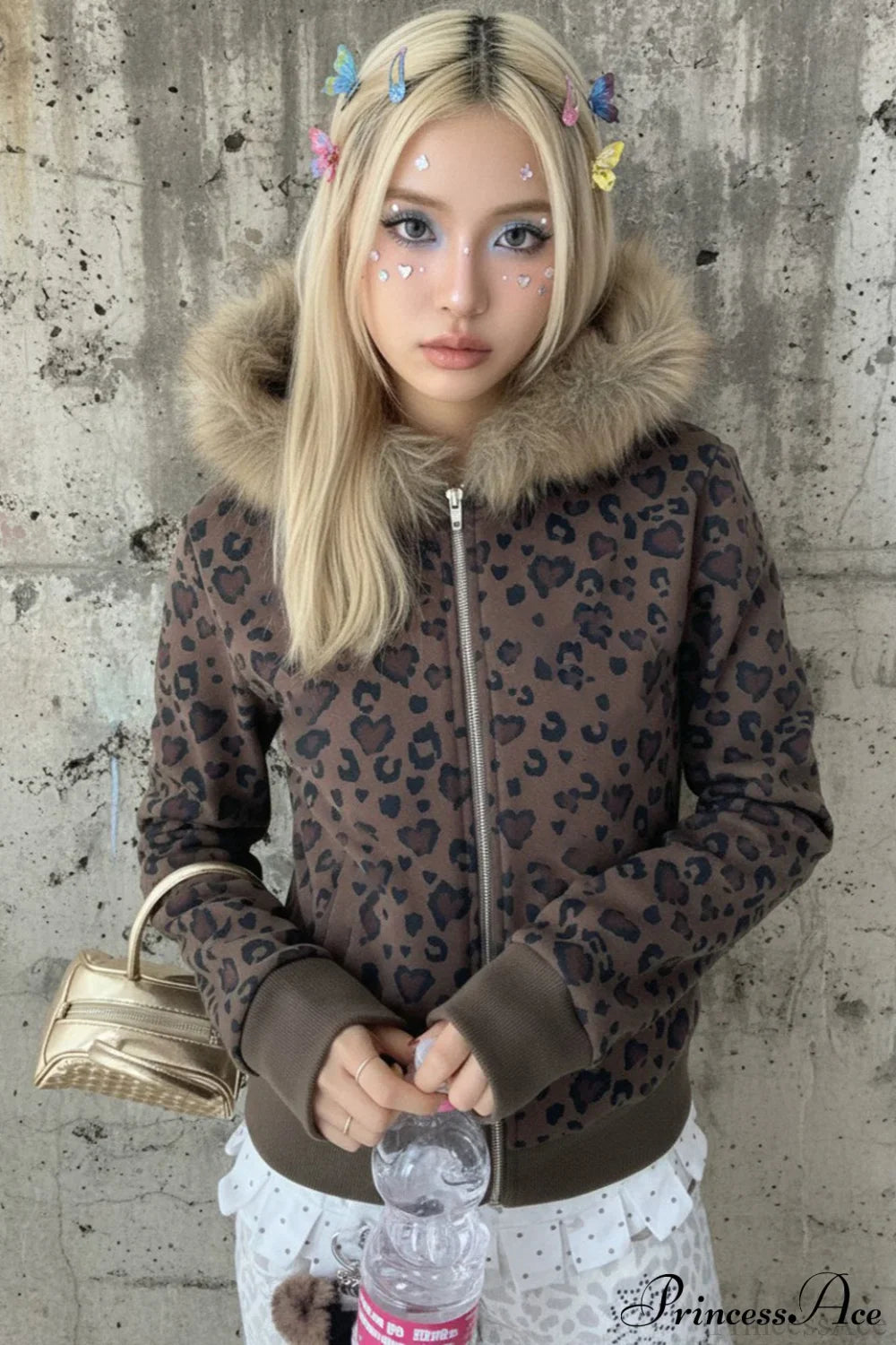 Y2K Sexy Leopard Print Fleece Zipper Hoodie Brown / S