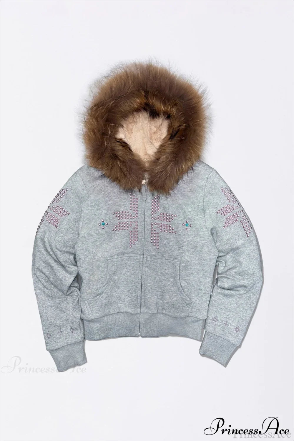 Y2K Sherpa Collar Rhinestone Zip-Front Waist-Cinched Hoodie