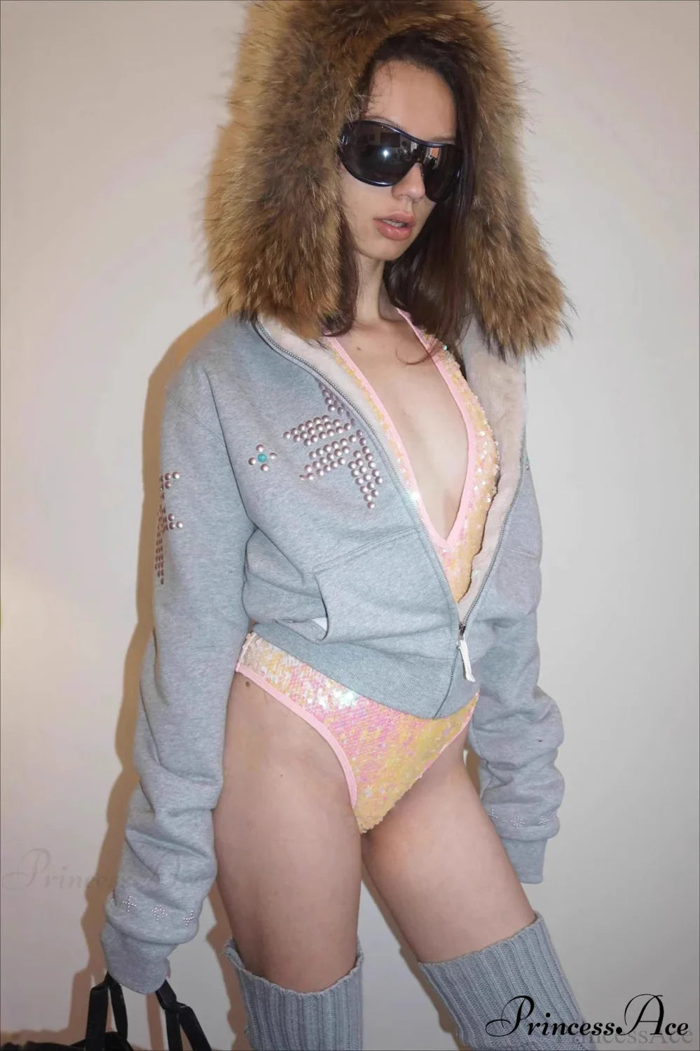 Y2K Sherpa Collar Rhinestone Zip-Front Waist-Cinched Hoodie Grey / S