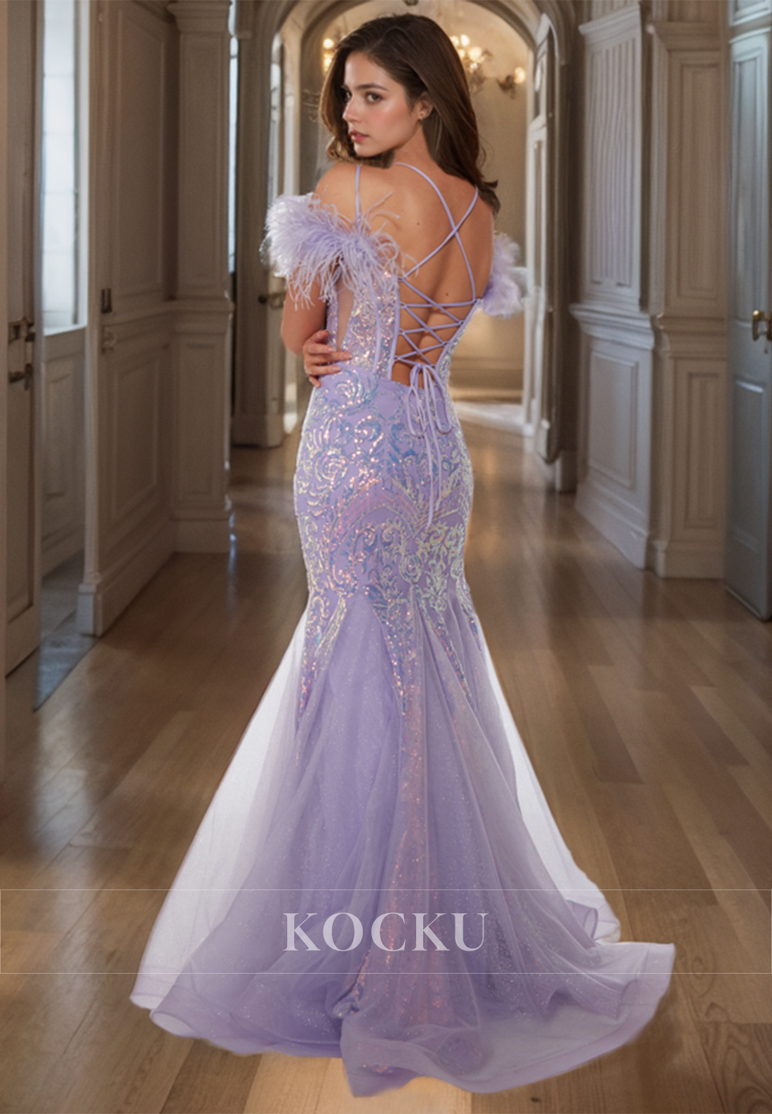 Spaghetti Straps V-Neck Mermaid Stripe Sparkly Appliques Prom Party Gown with Feather