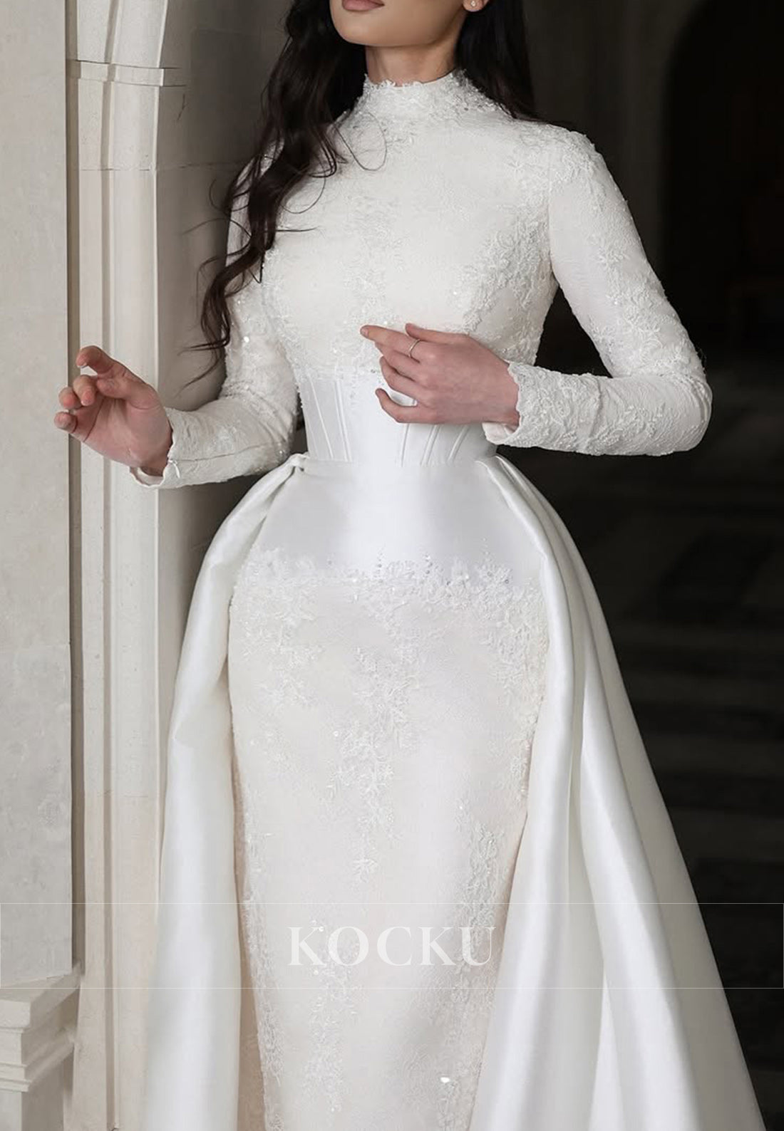 Elegant High - Neck Lace & Satin Wedding Dress with Long Sleeves & Detachable Train