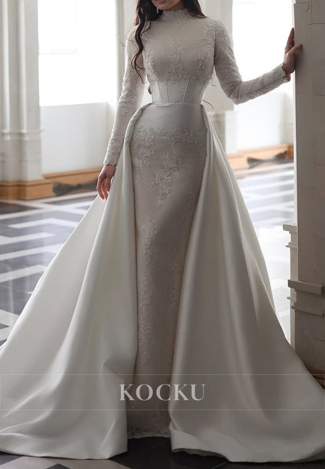 Elegant High - Neck Lace & Satin Wedding Dress with Long Sleeves & Detachable Train