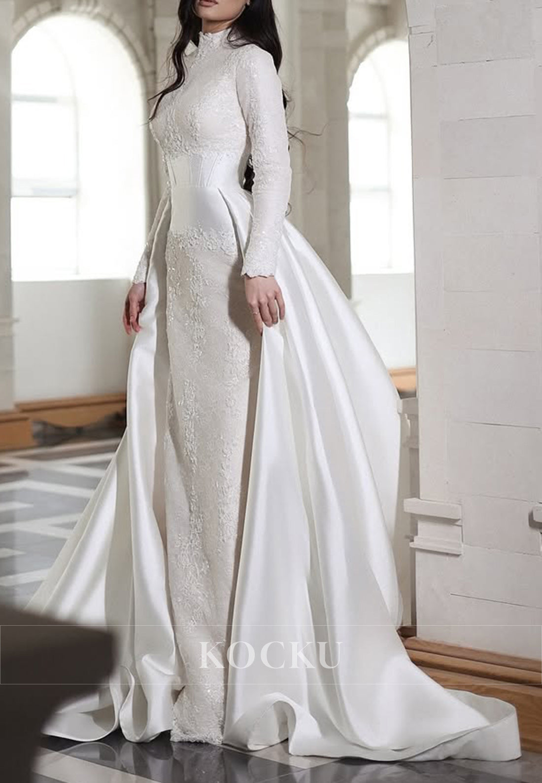 Elegant High - Neck Lace & Satin Wedding Dress with Long Sleeves & Detachable Train