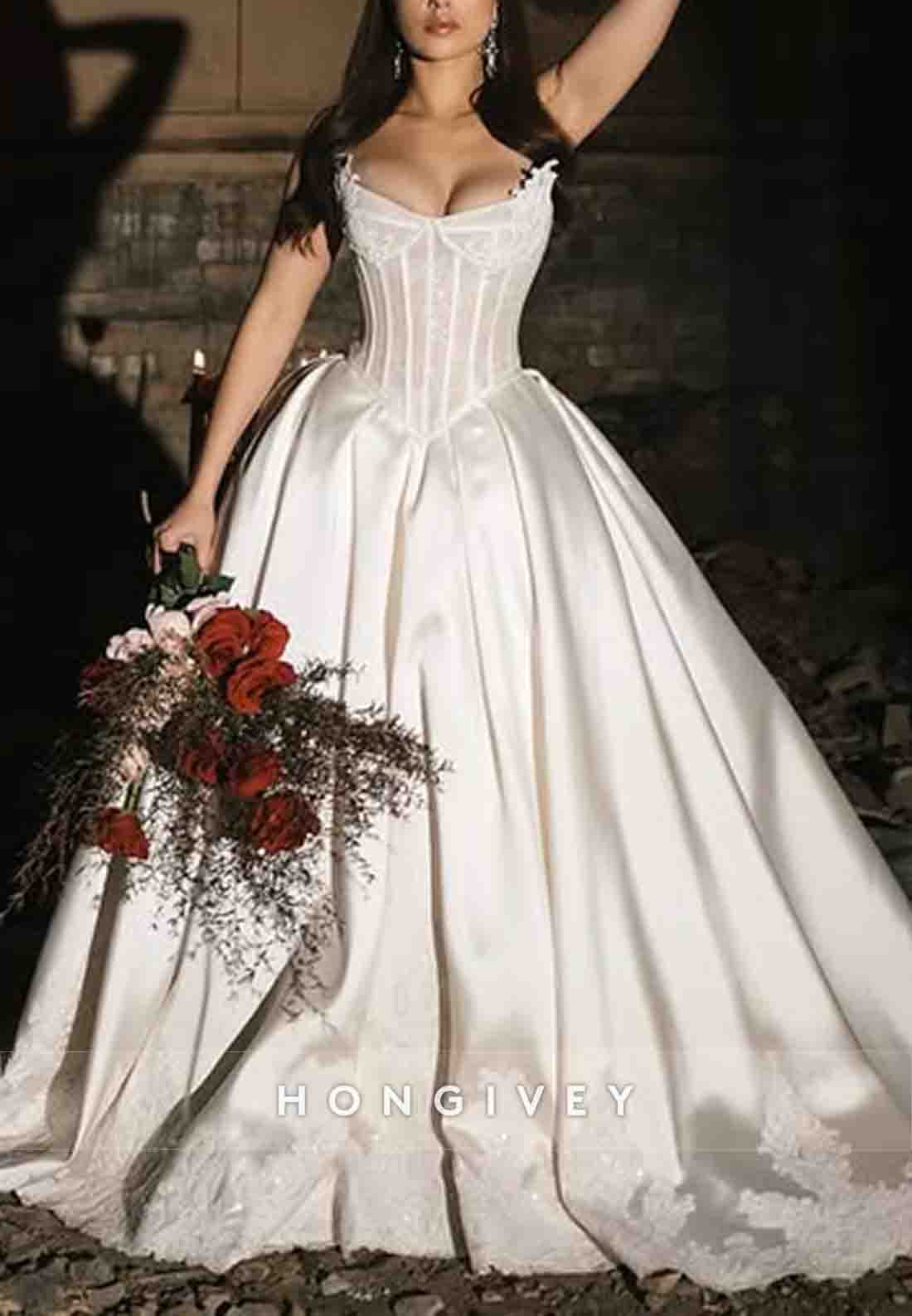 Pleated Strapless Princess Chapel Train Satin Wedding Dresses