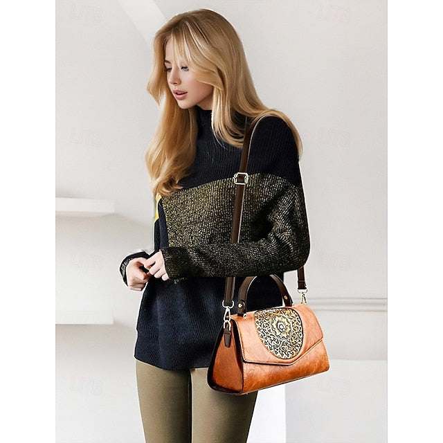 Floral Faux Vintage Engraved Handbag Leather