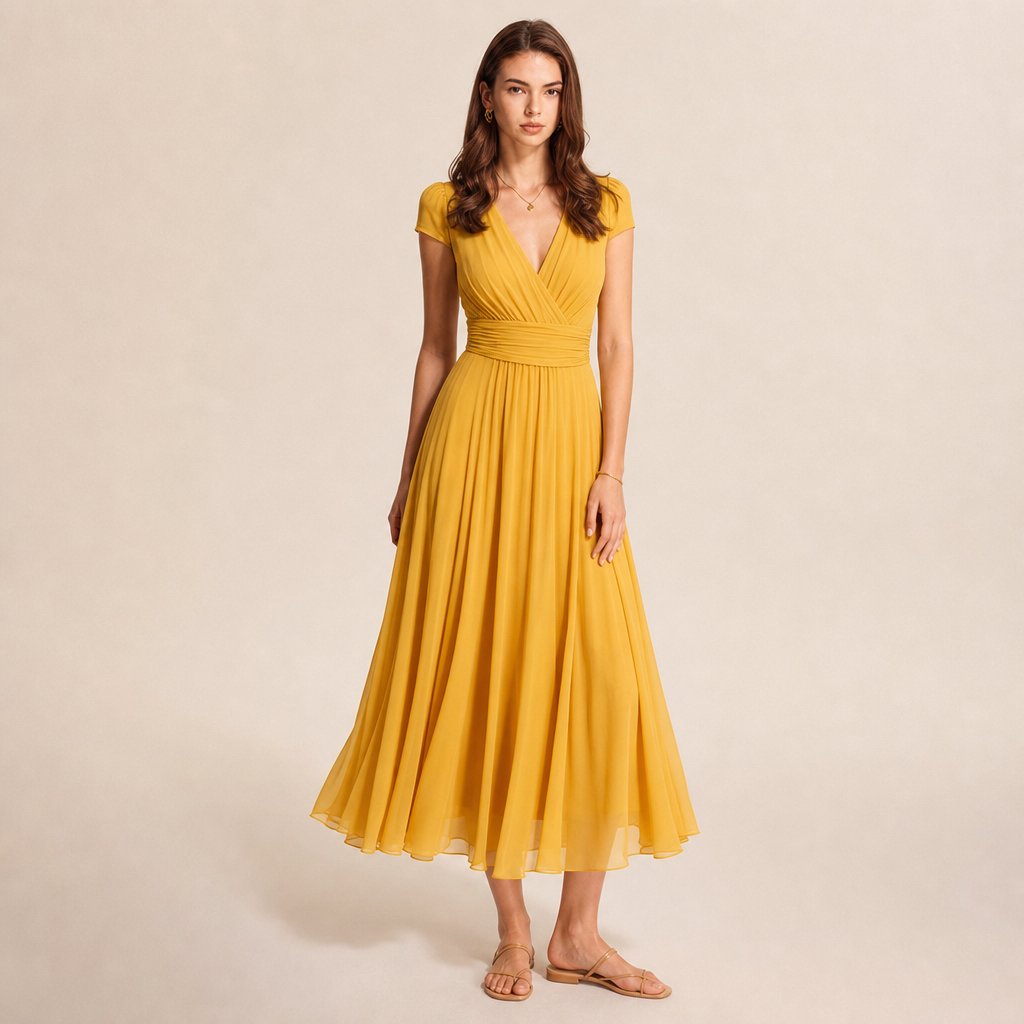 V-Neck Cap Sleeve Ruched Waist Chiffon Midi Dress 16