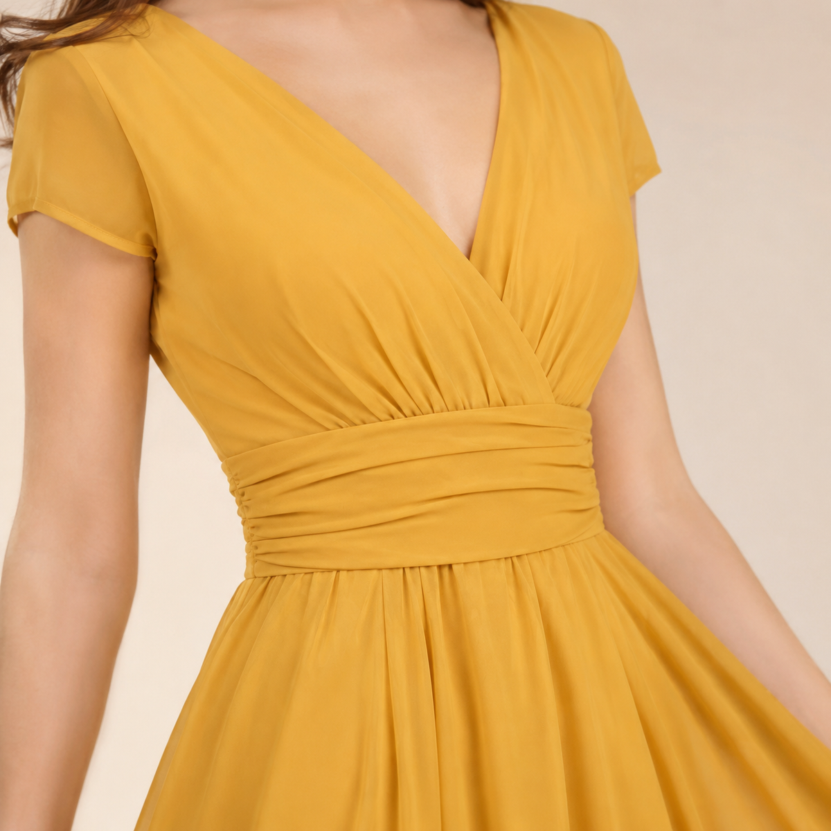 V-Neck Cap Sleeve Ruched Waist Chiffon Midi Dress 17