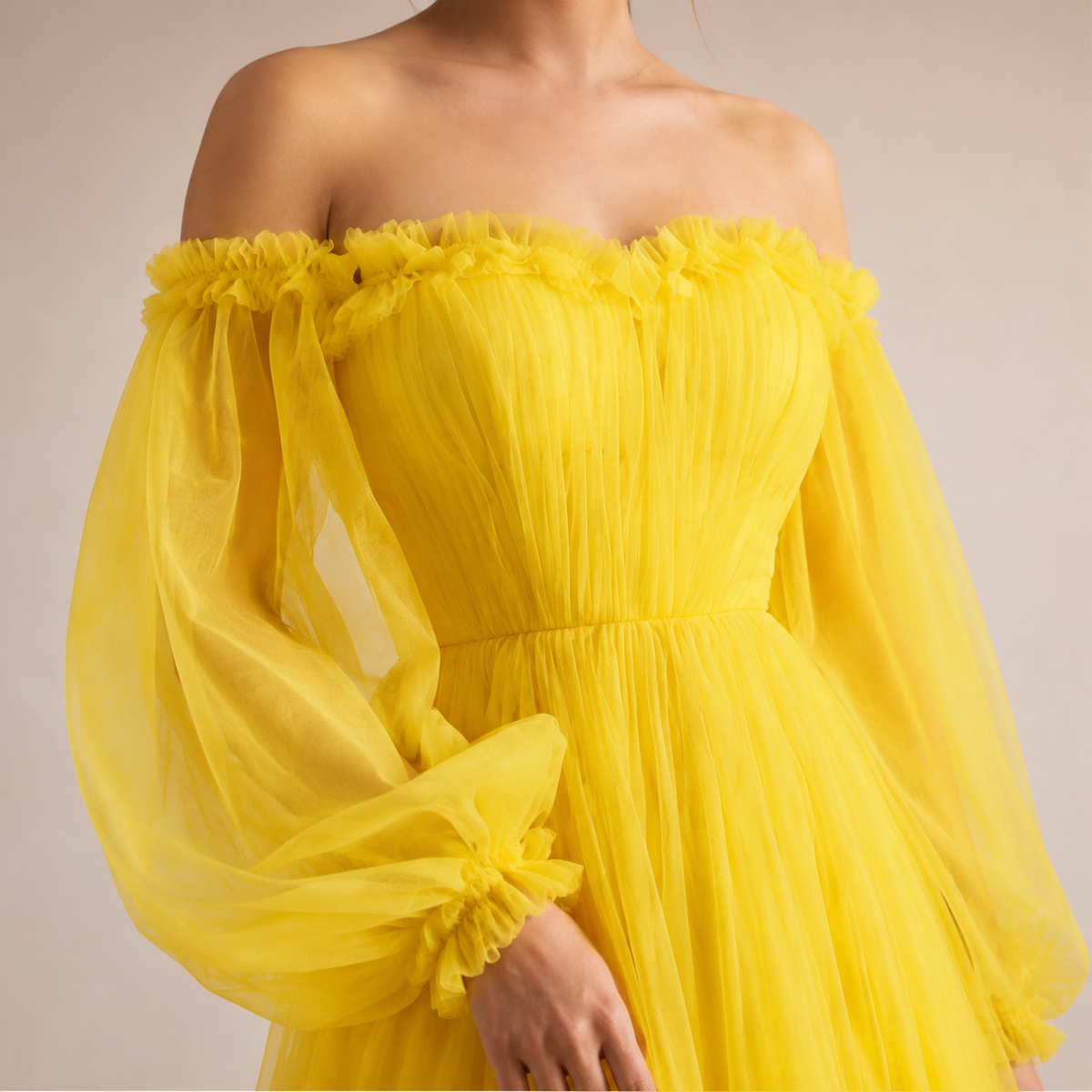 Off Shoulder Bishop Sleeve Floral Applique Tiered Tulle Gown 5