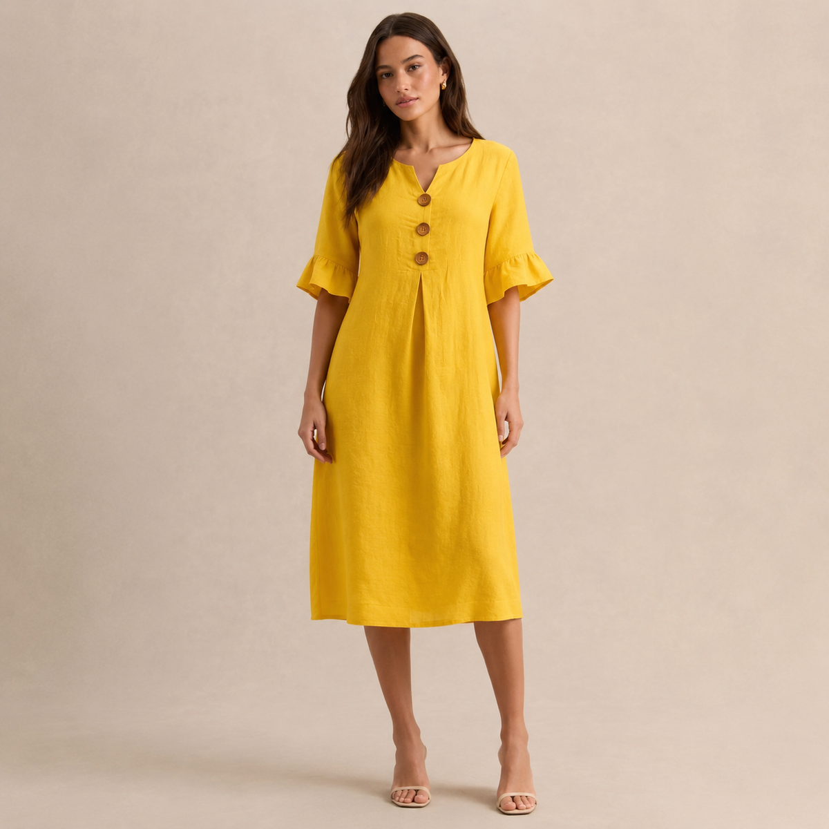 Notch Neck Wooden Button Front Pleated A-Line Midi Dress 16