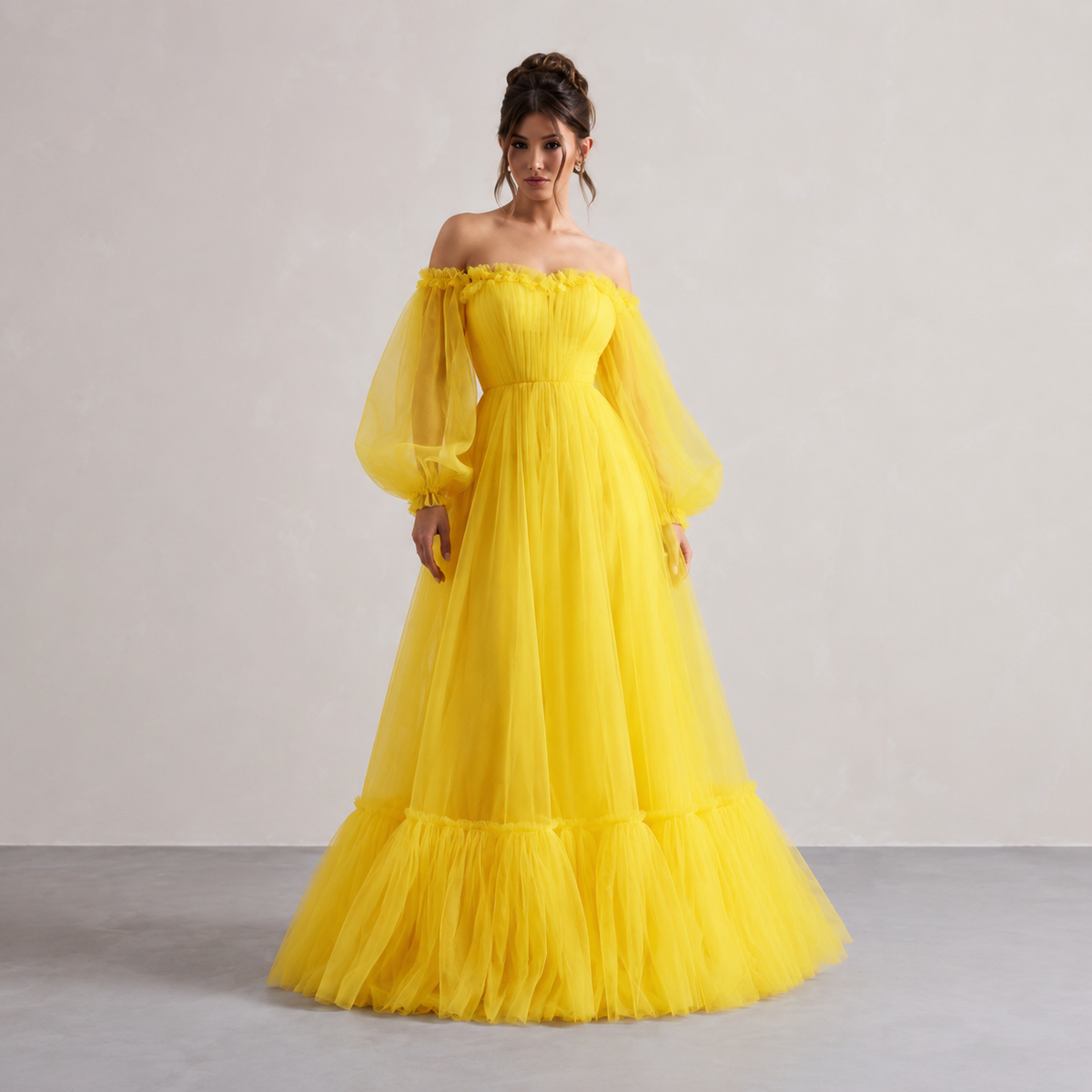 Off Shoulder Bishop Sleeve Floral Applique Tiered Tulle Gown 4