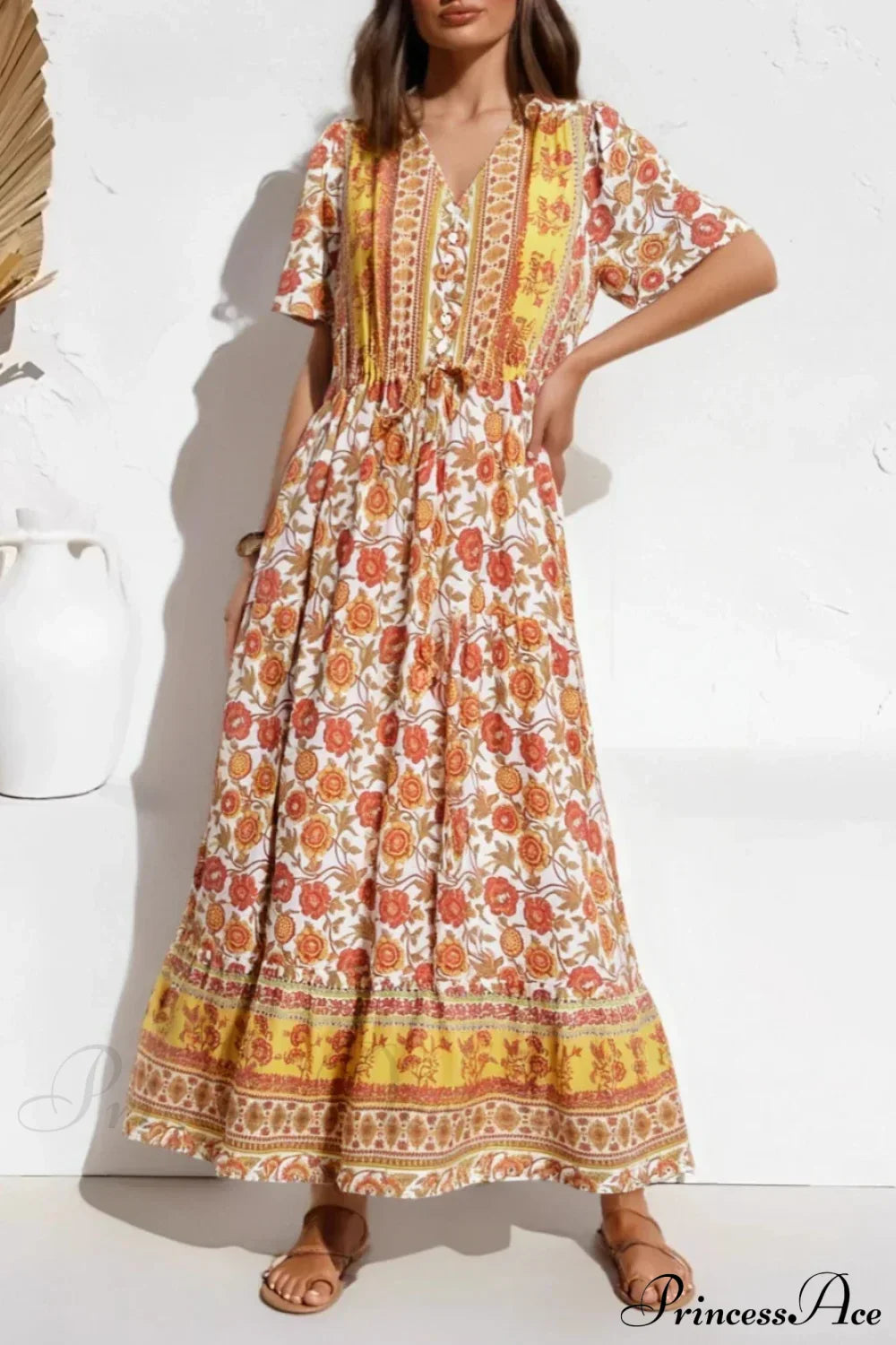 Yellow Floral Print Ruffle Sleeve Pleated Summer Maxi Boho Dress Yellow / S bohodress-250126