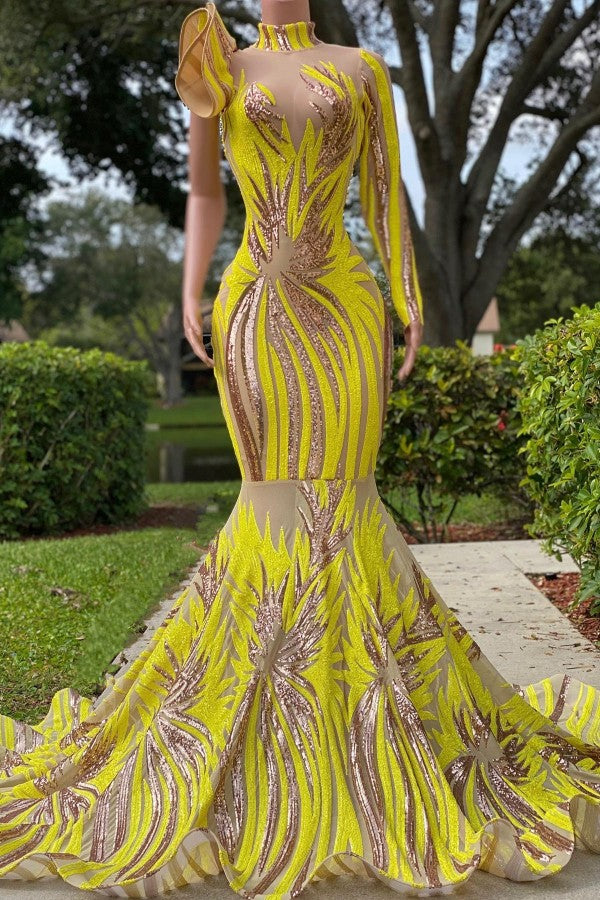 Yellow Long Sleeves Prom Dress Mermaid Sequins - Fashionpara