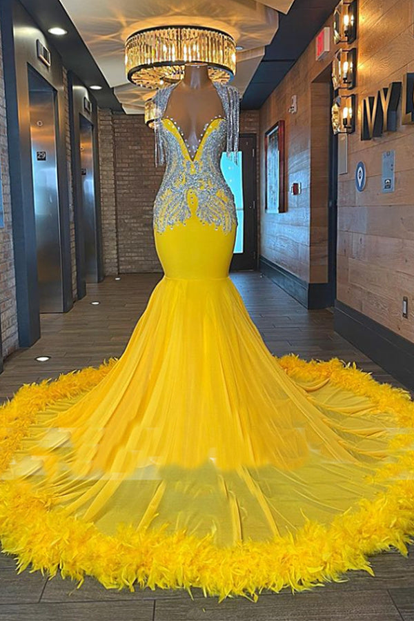 Yellow Prom Dress Mermaid Tassels With Feather - Fashionpara