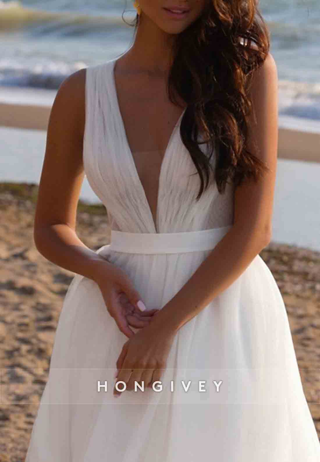 Low V-Neck Sleeveless Cap Straps A-Line Tulle V Back Wedding Dresses