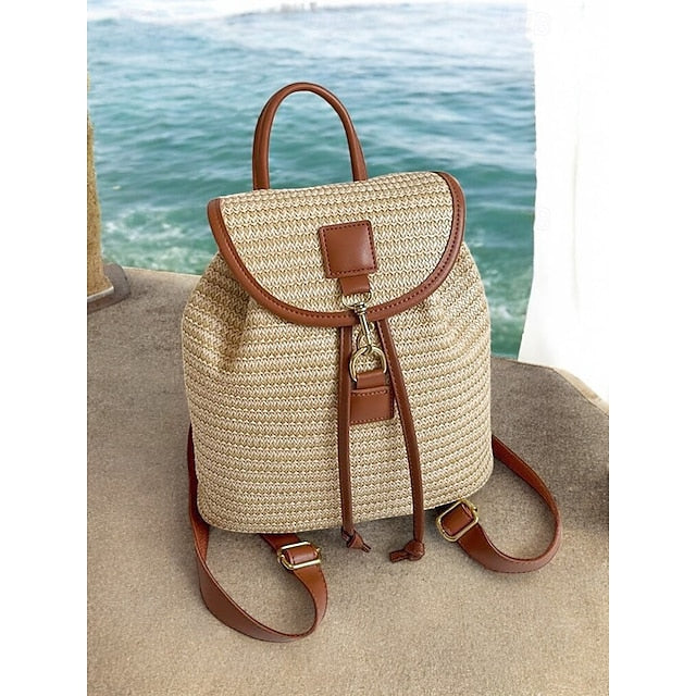 Straw Rattan with Bag Woven Boho for Backpack Travel