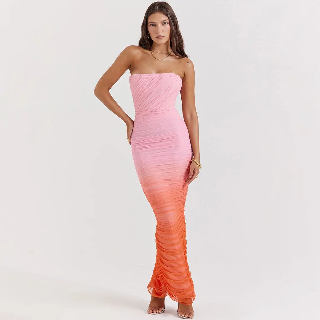 Youthful Gradient Ruched Mesh Bodycon Split Maxi Corset Tube Dress - Orange Fashionpara