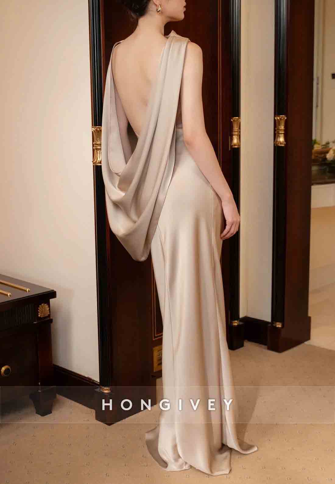 Trumpet Floor-Length Wedding Guest Dresses Sleeveless Cowl Back Evening Gown