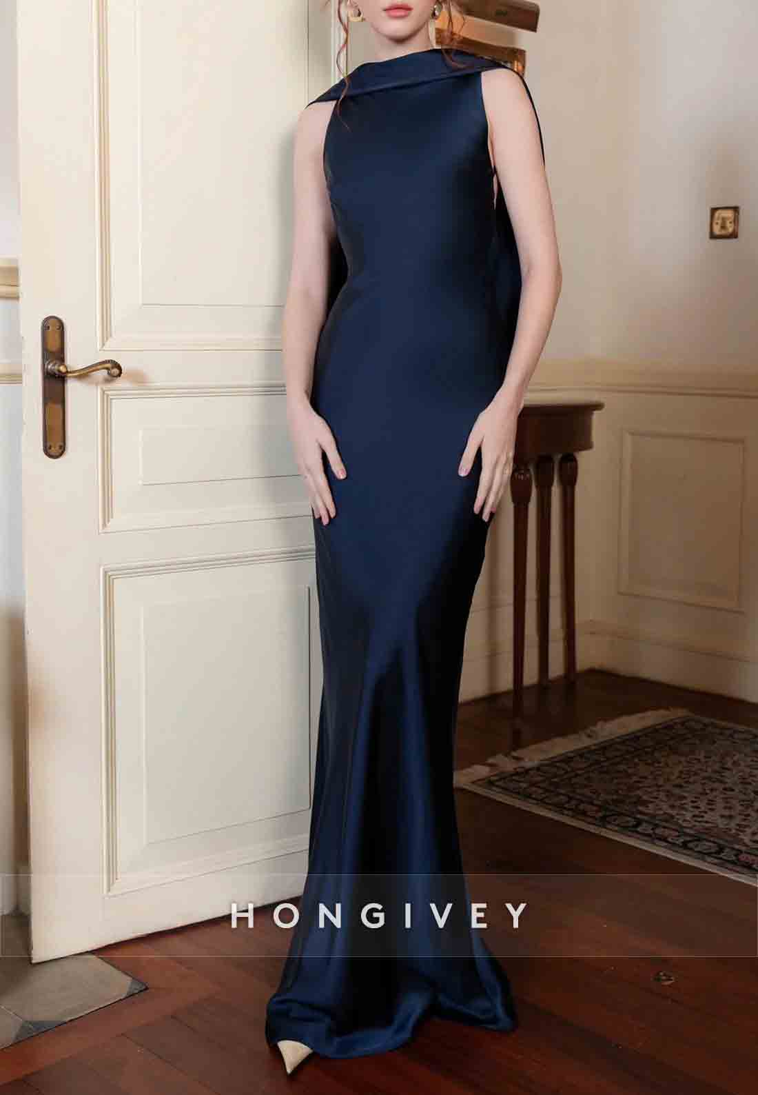 Trumpet Floor-Length Wedding Guest Dresses Sleeveless Cowl Back Evening Gown